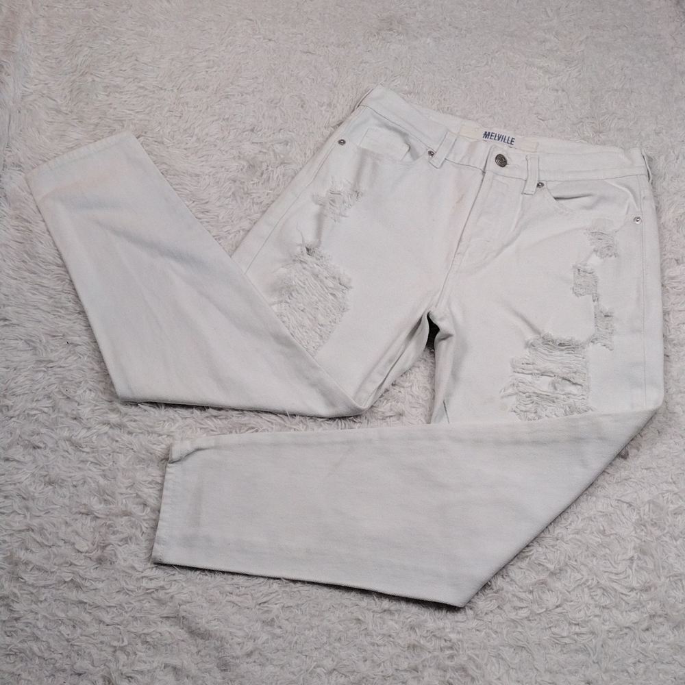 𝅺Brandy Melville White Pale Blue Five Pocket High Rise Distressed Ankle Jean